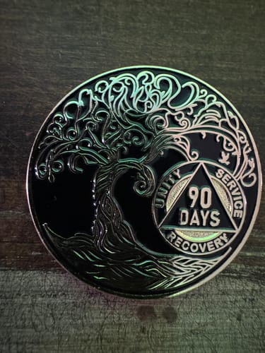 Customer photo review of 90 Days Sobriety Mint Twisted Tree of Life Gold Plated AA Recovery Medallion - 3 Months Chip/Coin - Black