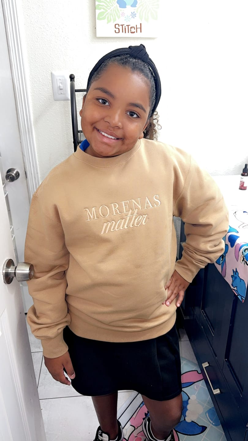 Customer photo review of 'Morenas Matter' Embroidered Beige Crewneck