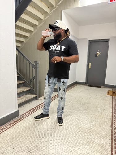 Customer photo review of Crossed Patched Denim (Blue Wash)