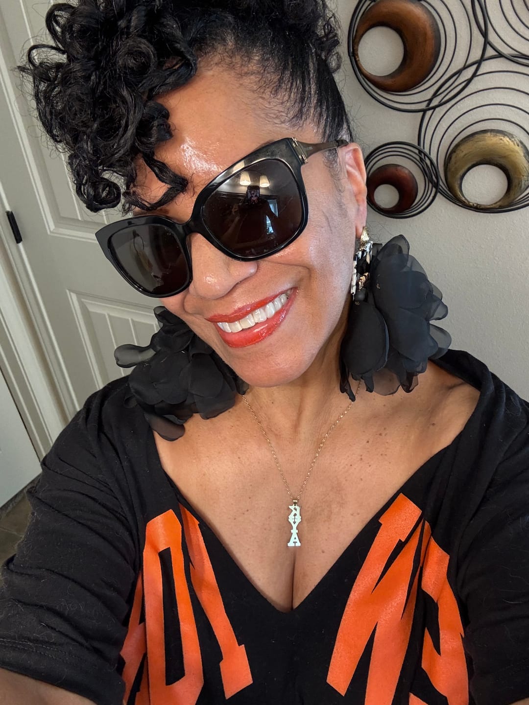 Customer photo review of Nonso Square top flower petal earrings