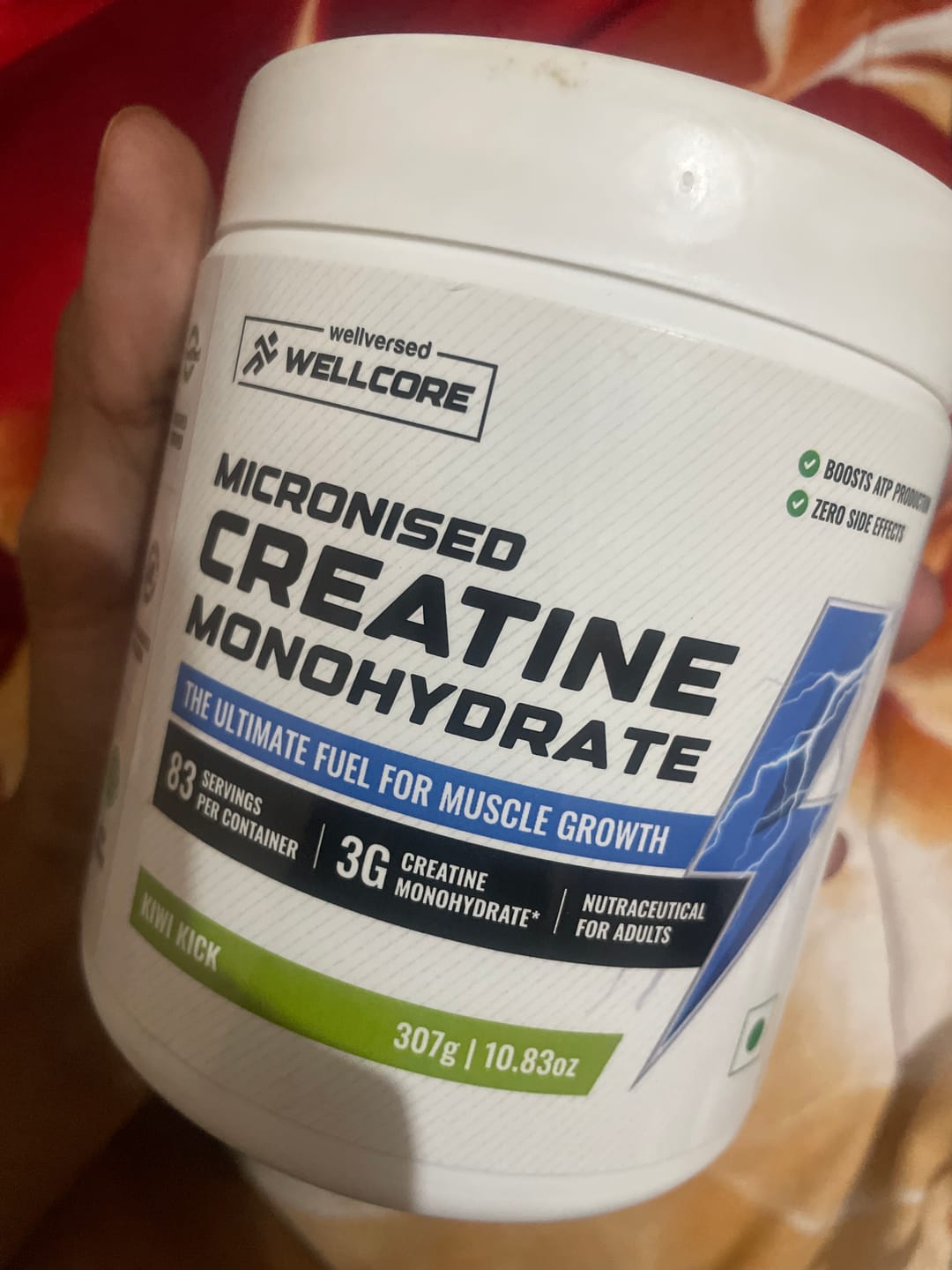 Customer photo review of Wellcore - Micronised Creatine Monohydrate (83 Servings, Kiwi Kick) + Premium Glass Bottle