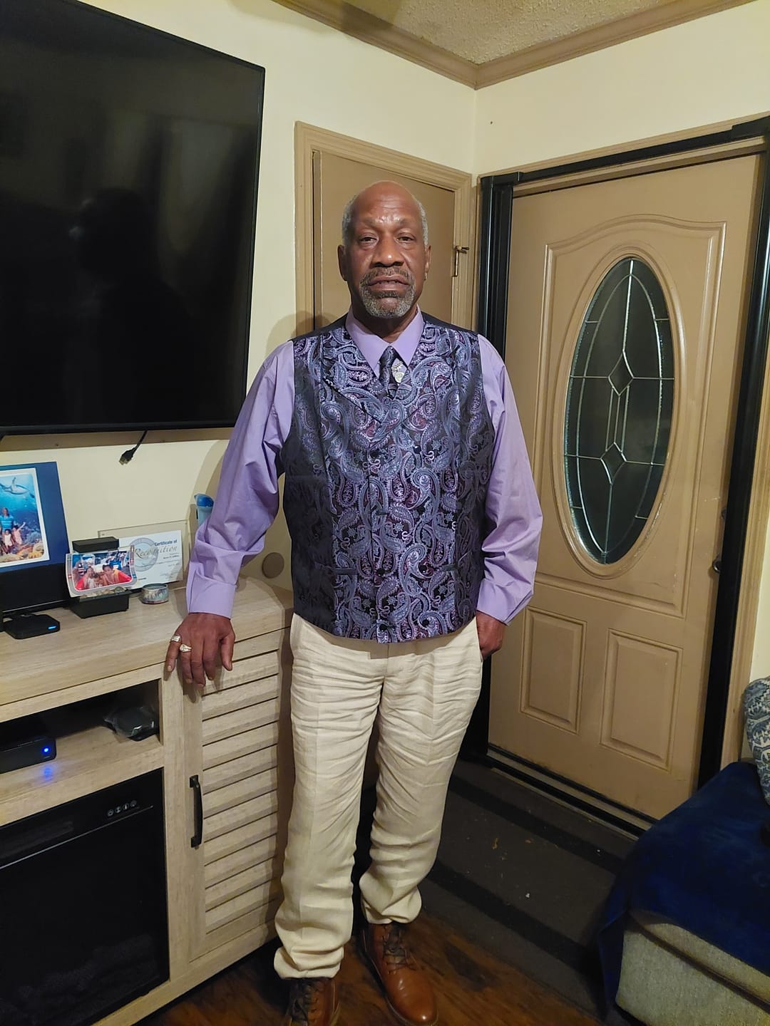 Customer photo review of Ties2you Men's Vest Purple Paisley Jacquard Silk Vest Hanky Cufflinks Tie Set