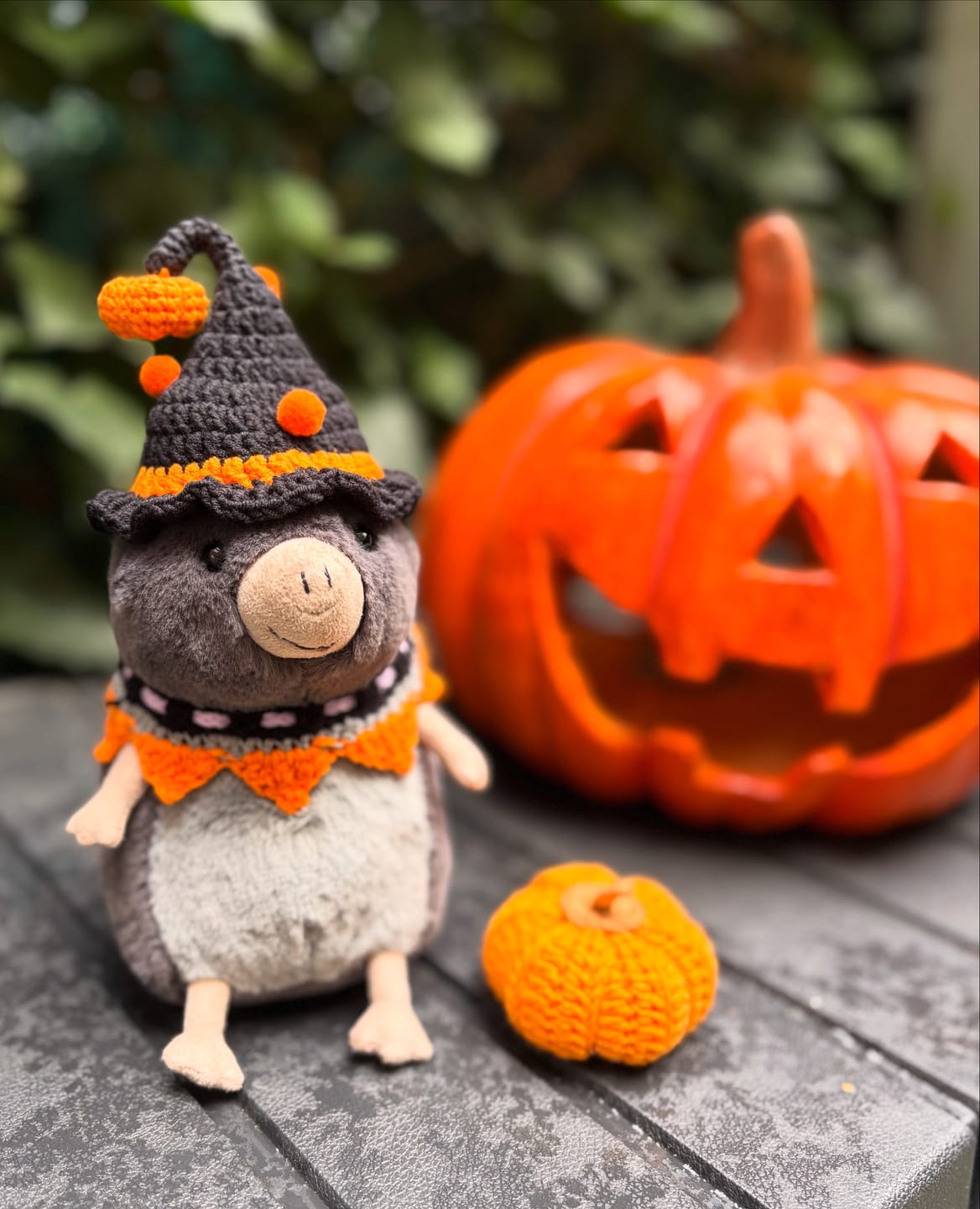 Customer photo review of Halloween Witch Costume for Jellycat Lolly Sugar Glider & Muswell Mole – Black & Pink Handmade Crochet Set