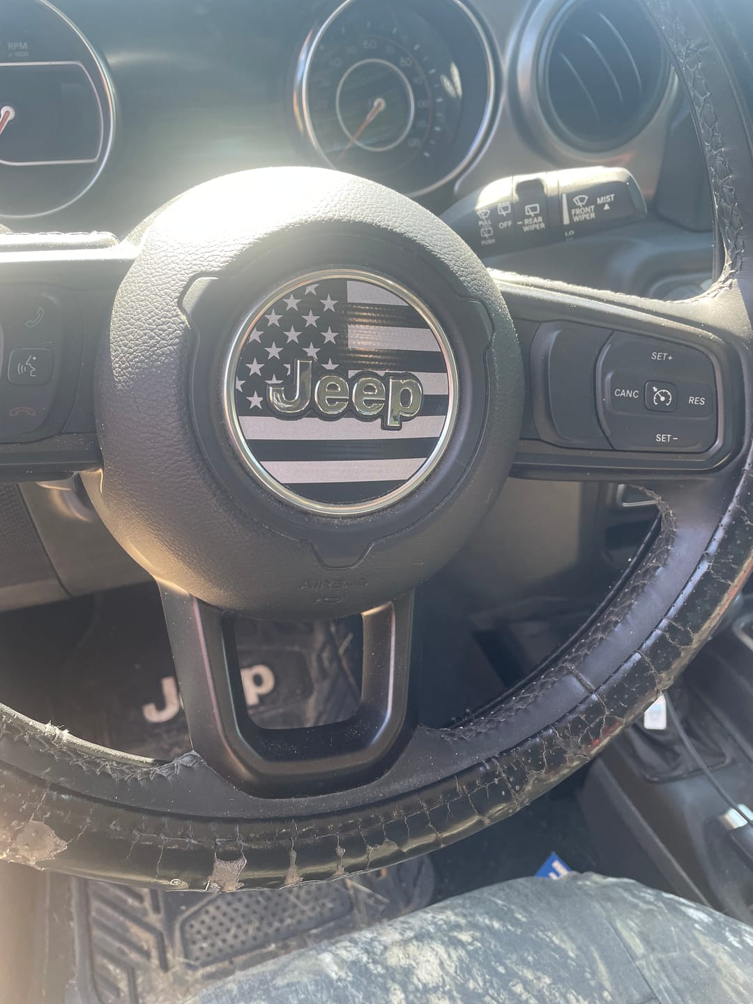 Customer photo review of American Flag Steering Wheel Decal for Jeep