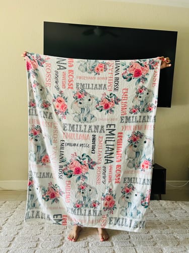Customer photo review of Flower Elephant Baby Girl Name Custom Blanket