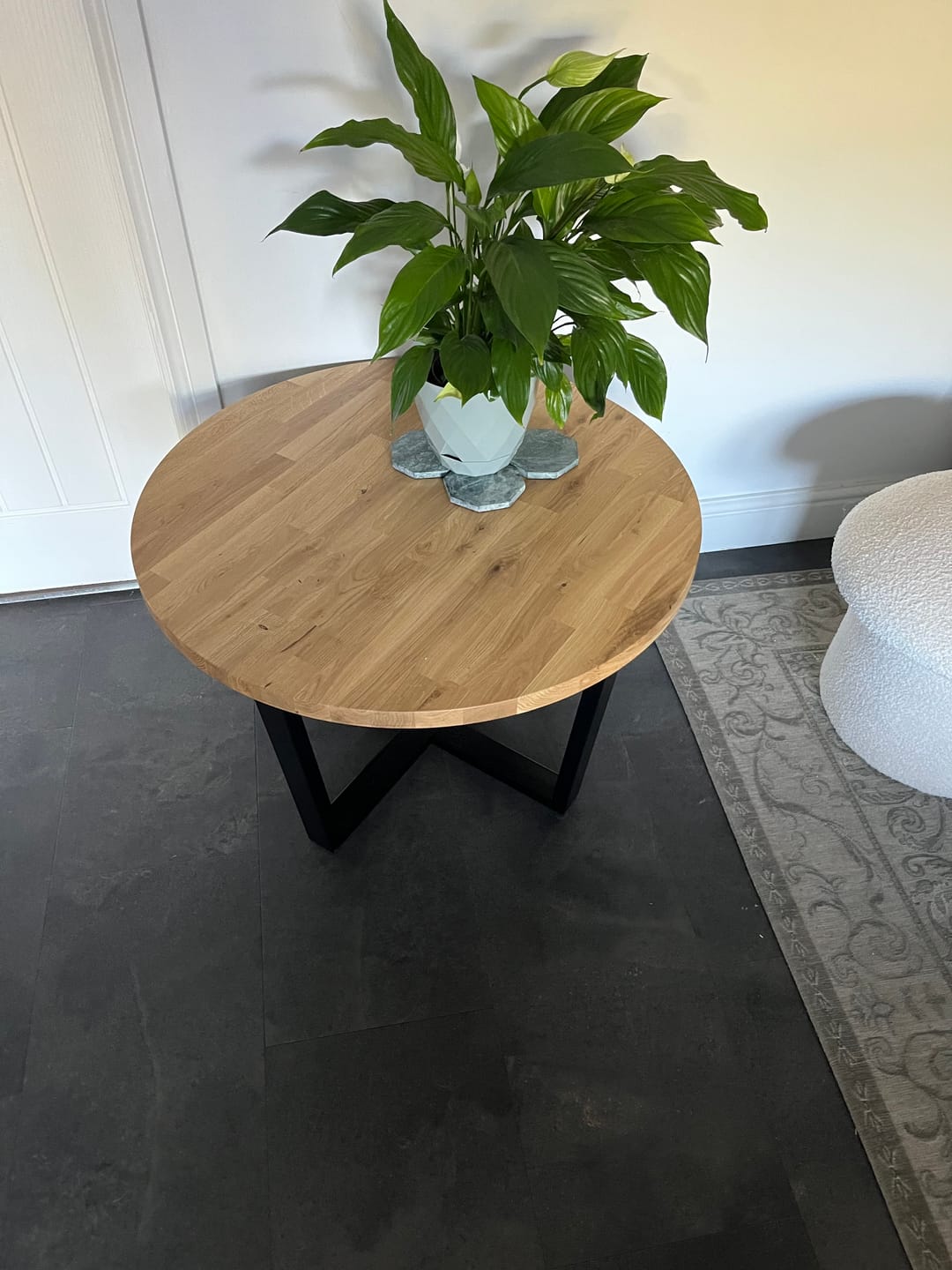 Customer photo review of Landon Round Oak Metal Coffee Table