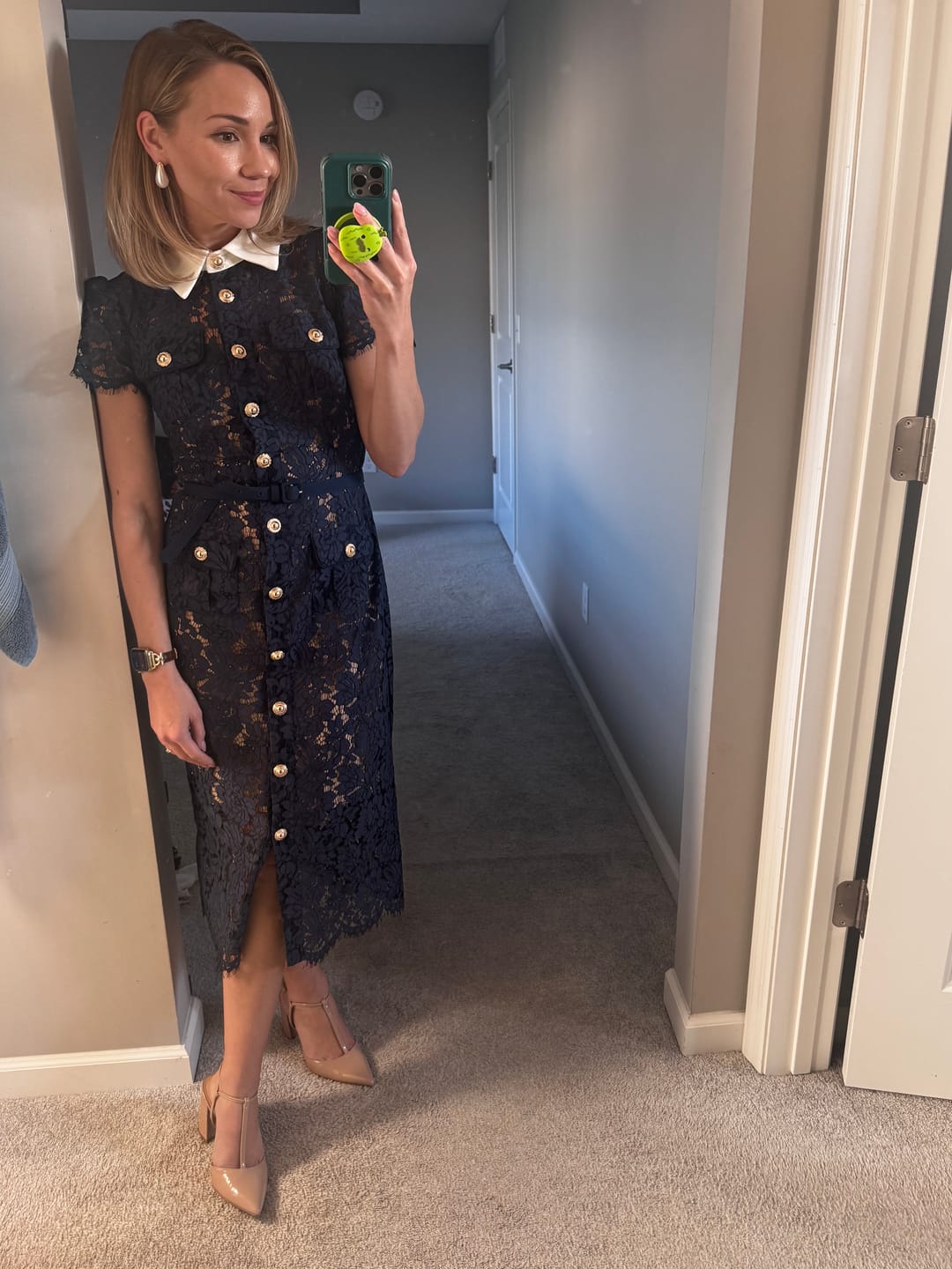Customer photo review of Floral Lace Midi Dress with Tailored Collar and Belted Waist - Navy