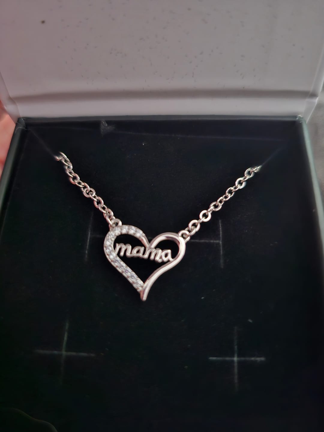 Customer photo review of Louise 18k White Gold Plated Mama Heart Necklace with Simulated Diamond Crystals