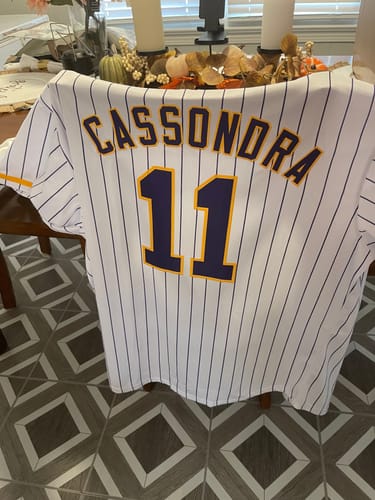 Customer photo review of Custom White Purple-Gold Hook Stripe Fashion Authentic Baseball Jersey