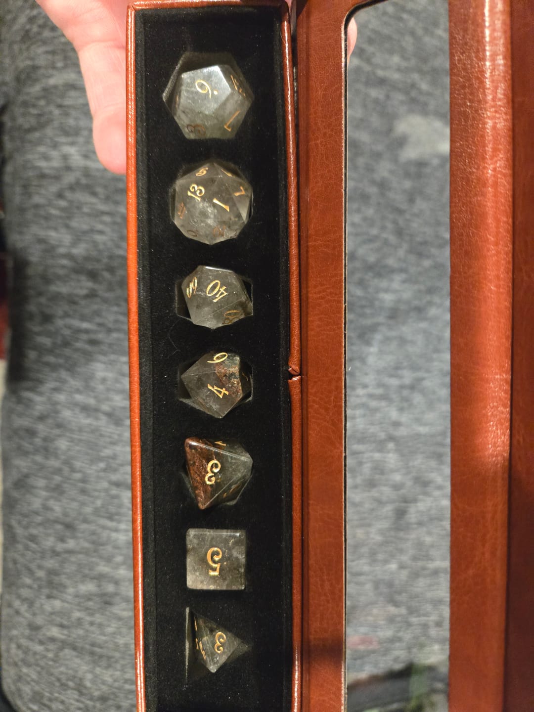 Customer photo review of URWizards D&D Phantom Quartz Gemstone Engraved Dice Set(Limited edition)