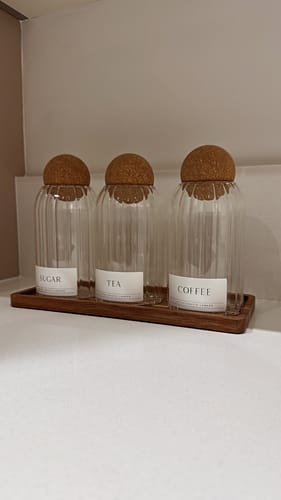 Customer photo review of Set of 3 Ribbed Cork Ball Glass Jars - Tea, Coffee and Sugar 800ml with Long Rectangle Tray