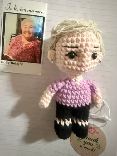 Customer photo review of Dolly® Personalized Crochet Doll with Photo Card