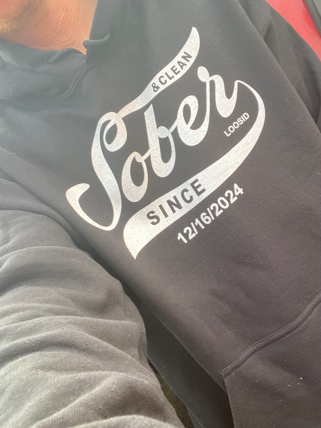 Customer photo review of Recovery Hoodie | Sober Since Unisex Hoodie with Custom Sobriety Date