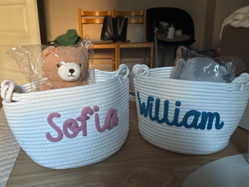 Customer photo review of Baby Knits™  Multicolor Personalized Knitted Basket