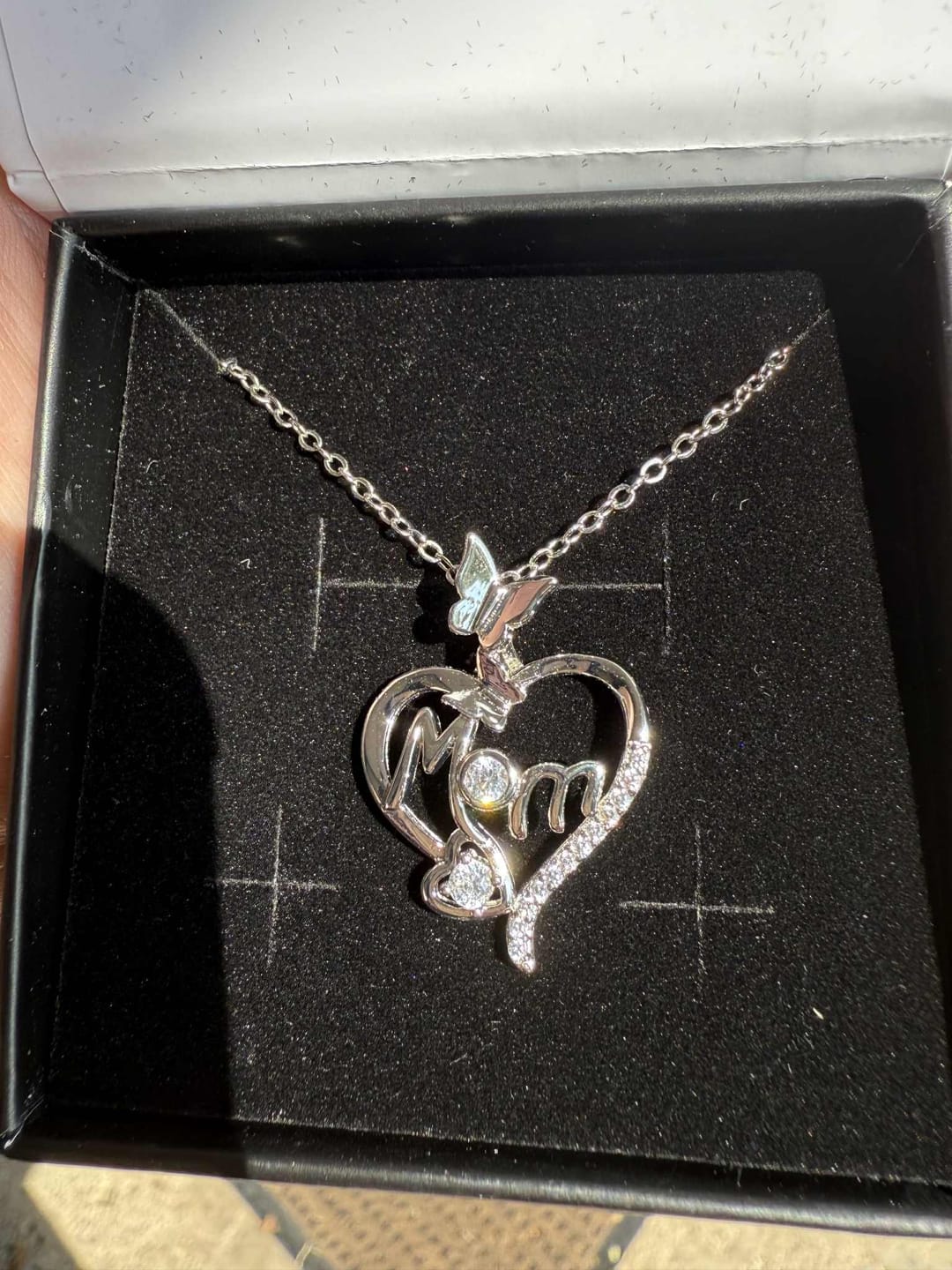 Customer photo review of Mabel 18k White Gold Plated Mom Heart Pendant Necklace with Simulated Diamond Crystals