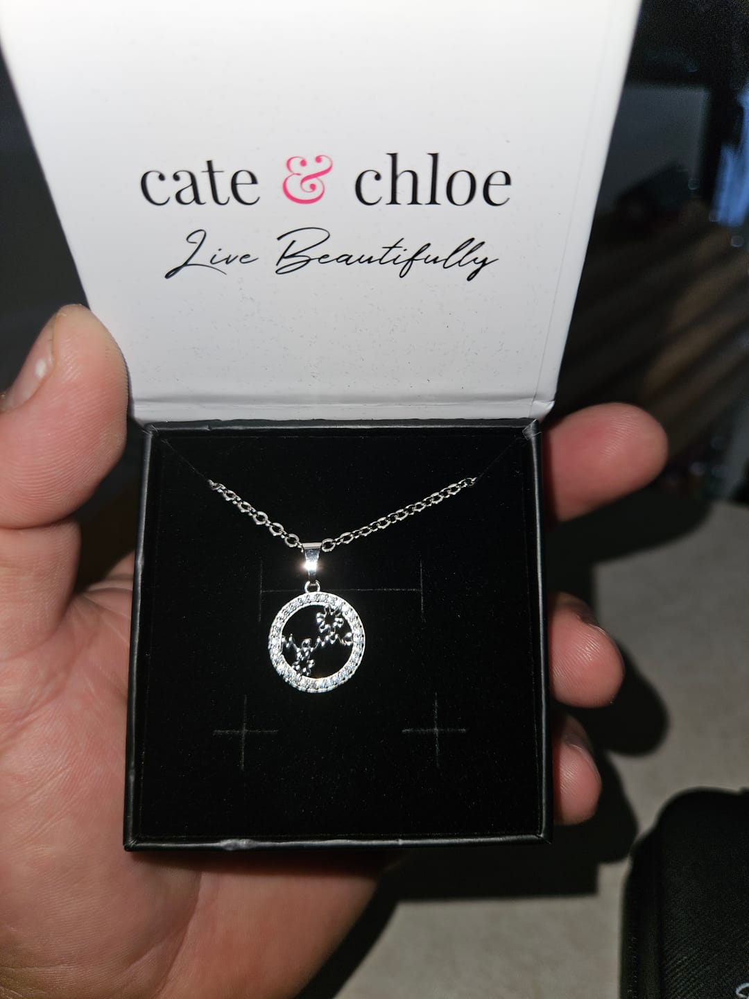 Customer photo review of Willa 18k White Gold Plated Circle Mama Necklace with Simulated Diamond Crystals