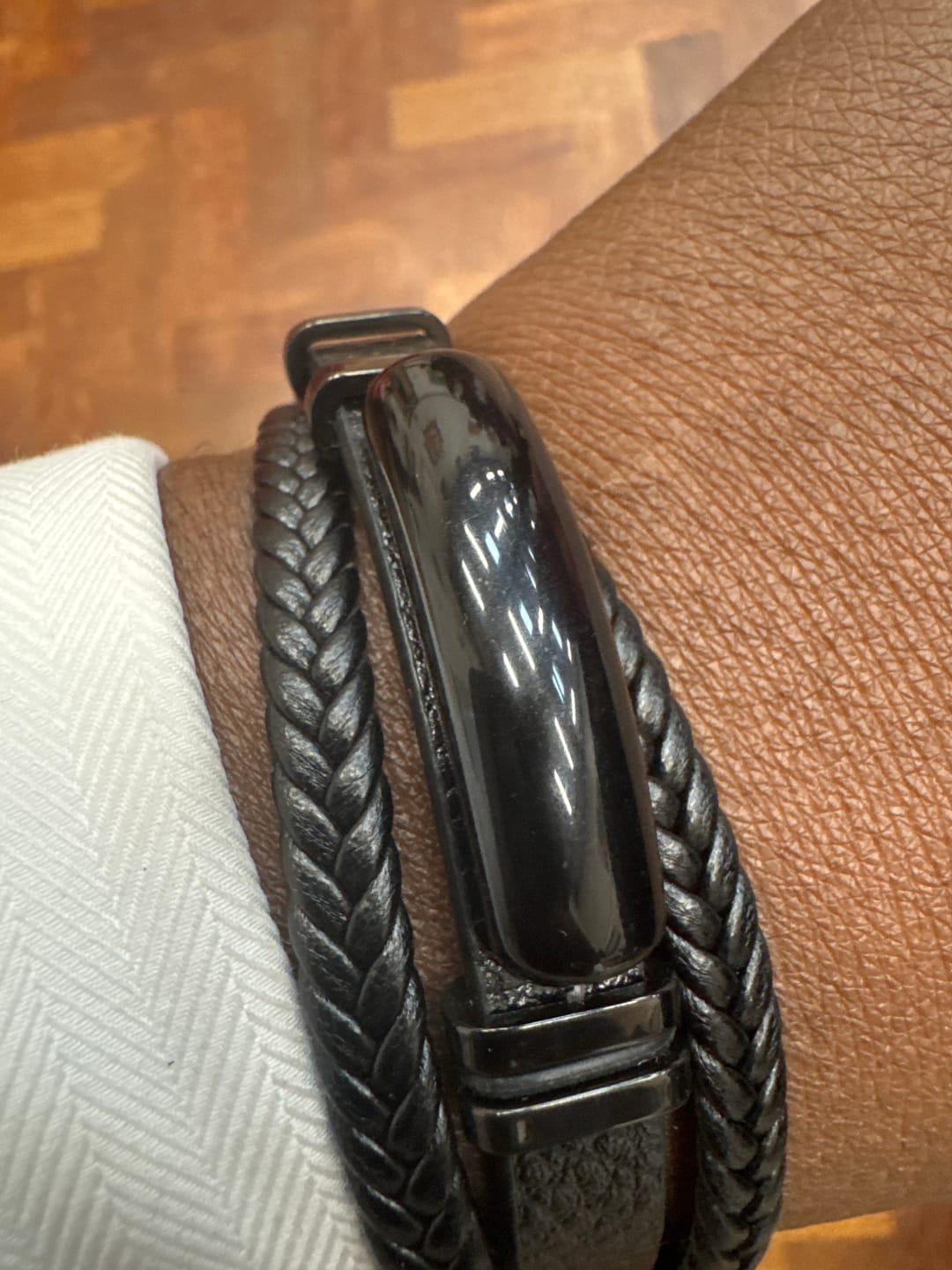 Customer photo review of Buddha Stones Natural Stone Green Agate Power Multilayered Braided Leather Bracelet