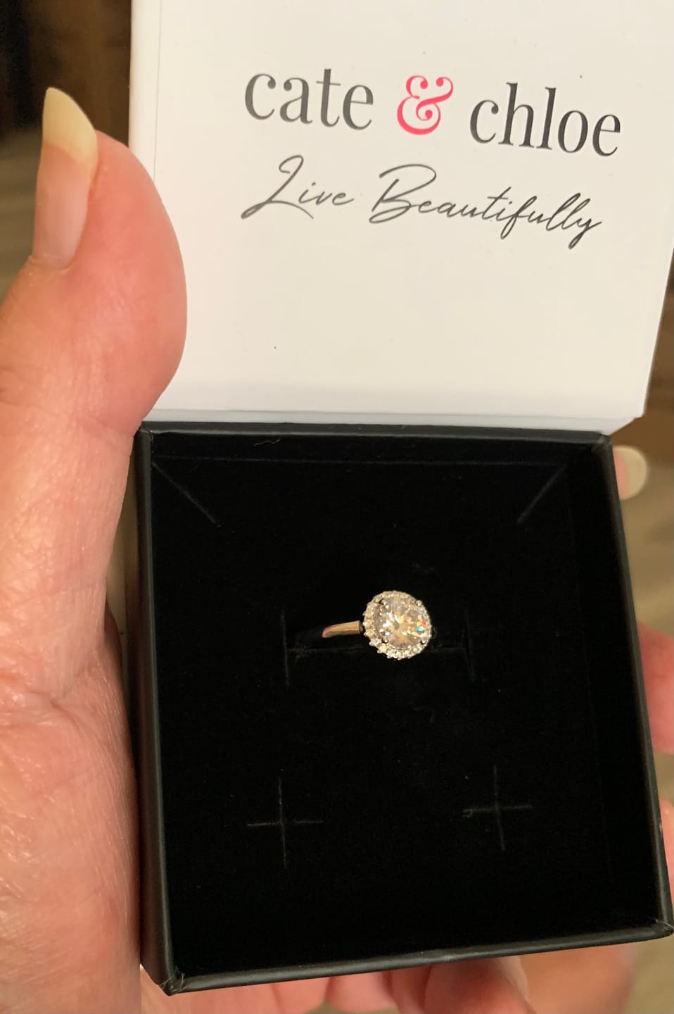 Customer photo review of Moissanite by Cate & Chloe Cora 1.1tcw Round Cut 925 Sterling Silver 18k White Gold Plated Forever Engagement Ring