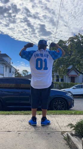 Customer photo review of Custom Light Blue Navy-White Stripe Fashion Raglan Sleeves Authentic Two-Button Softball Jersey