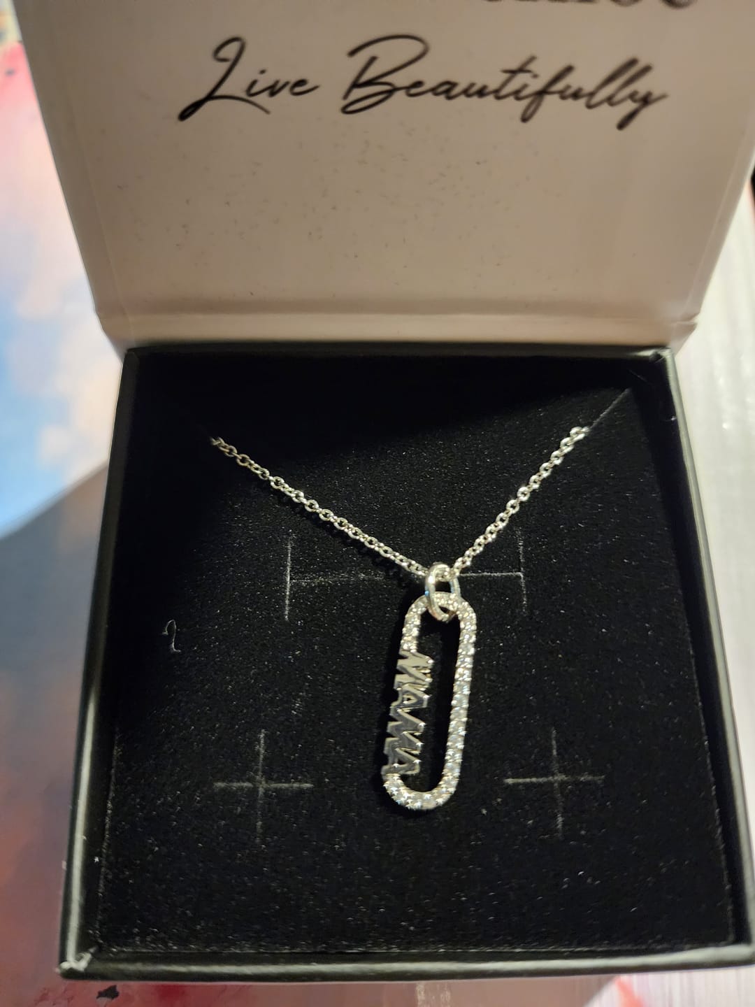 Customer photo review of Elaine 18k White Gold Plated Mama Pendant Necklace with Simulated Diamond Crystals