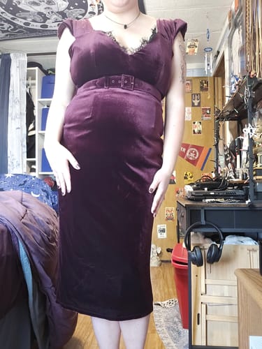 Customer photo review of Baudelaire Wiggle Dress in Plum