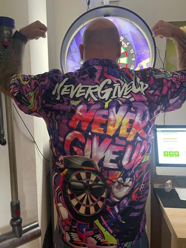 Customer photo review of Maxcorners Graffiti Darts Funny Never Give Up Dartboard Multicolor Options Personalized Name, Team Name 3D Polo Shirt (4 Colors)