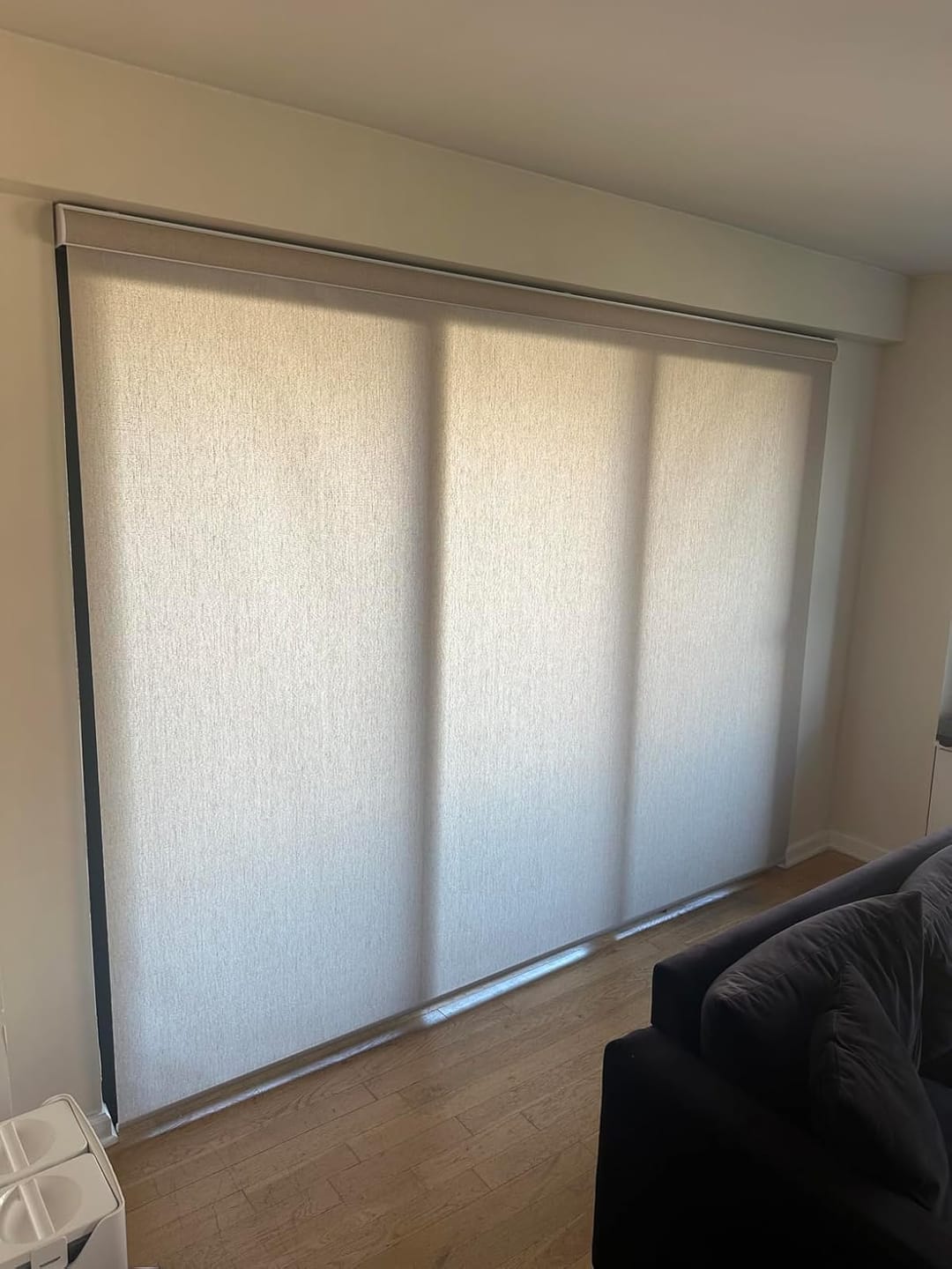 Customer photo review of Bringnox Motorized Light Filtering Roller Shades 70% Blackout Linen