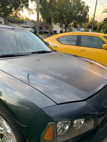 Customer photo review of HEMI style hood stripes pre-cut decal set for Dodge Charger 2006-2010