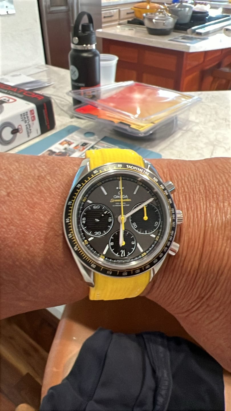 Customer photo review of Curved Premium Rubber Strap for Speedmaster - Yellow Woven