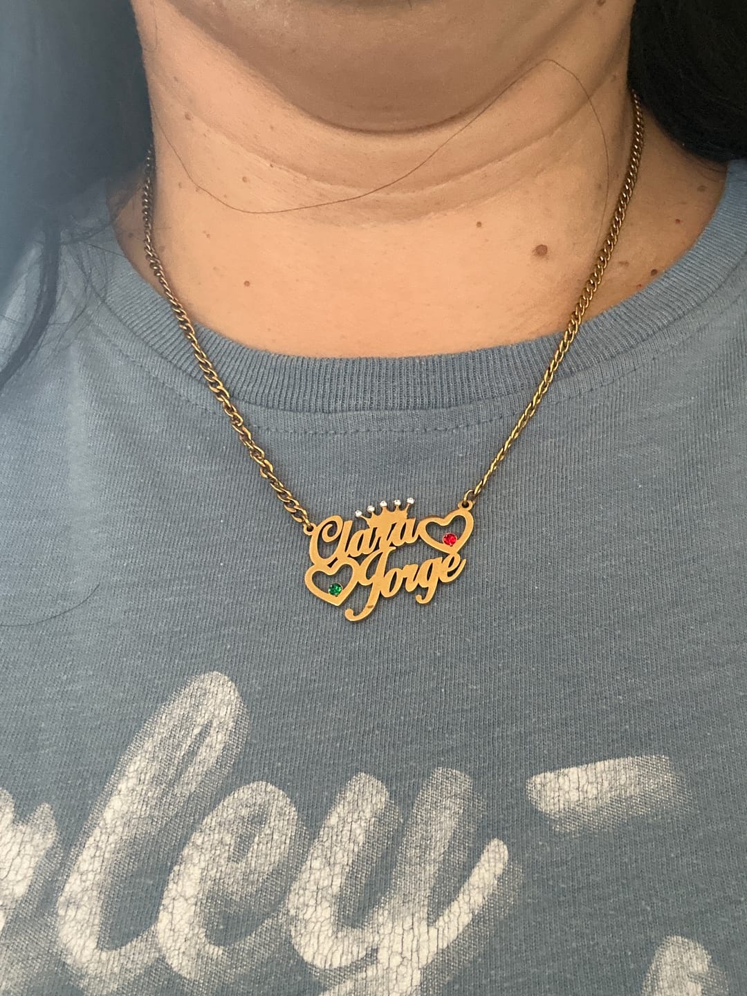 Customer photo review of Double Heart Name Necklace w/ Cuban Chain