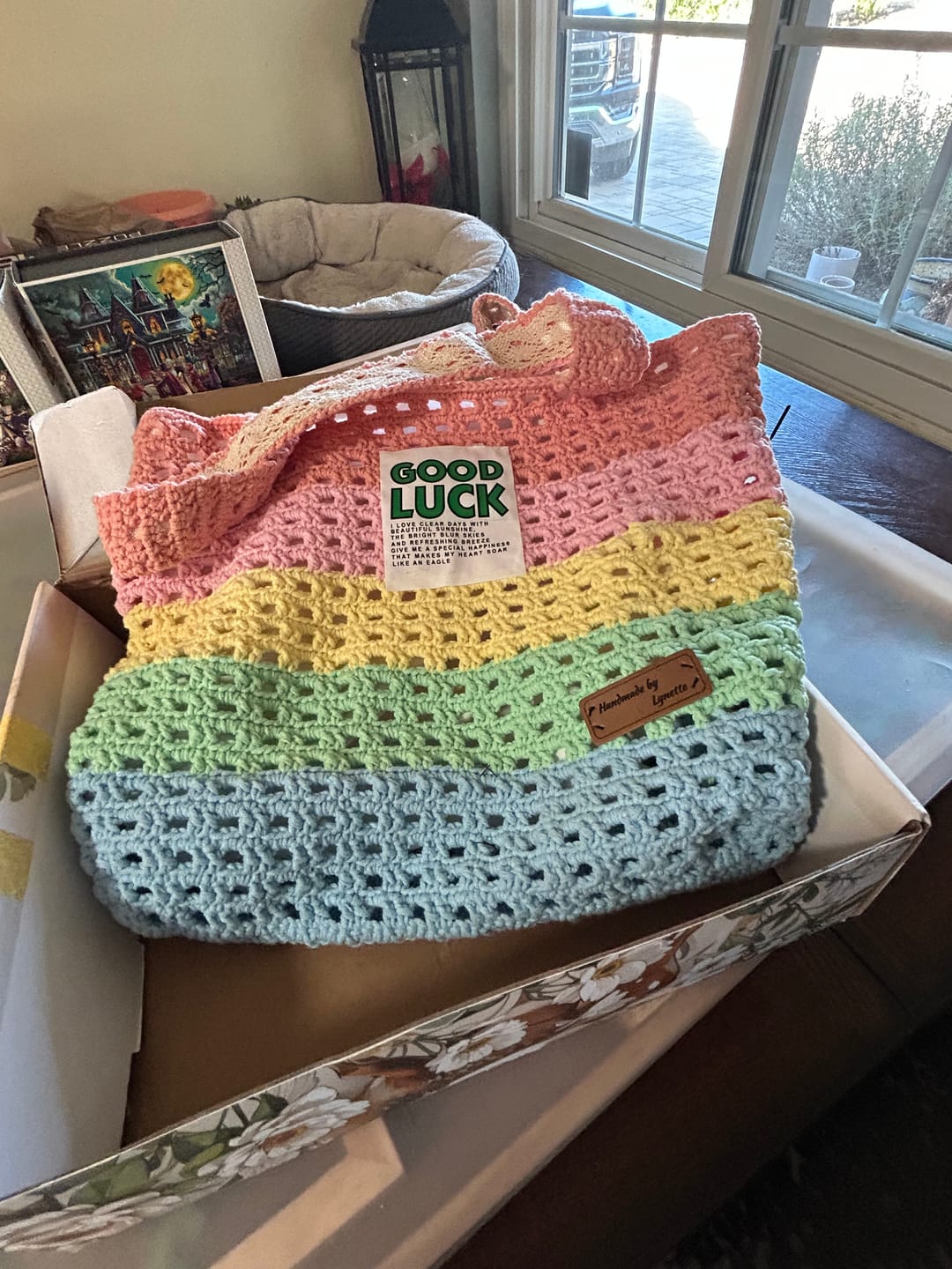 Customer photo review of CrochetPark™ Rainbow Waffle Tote crochet kit