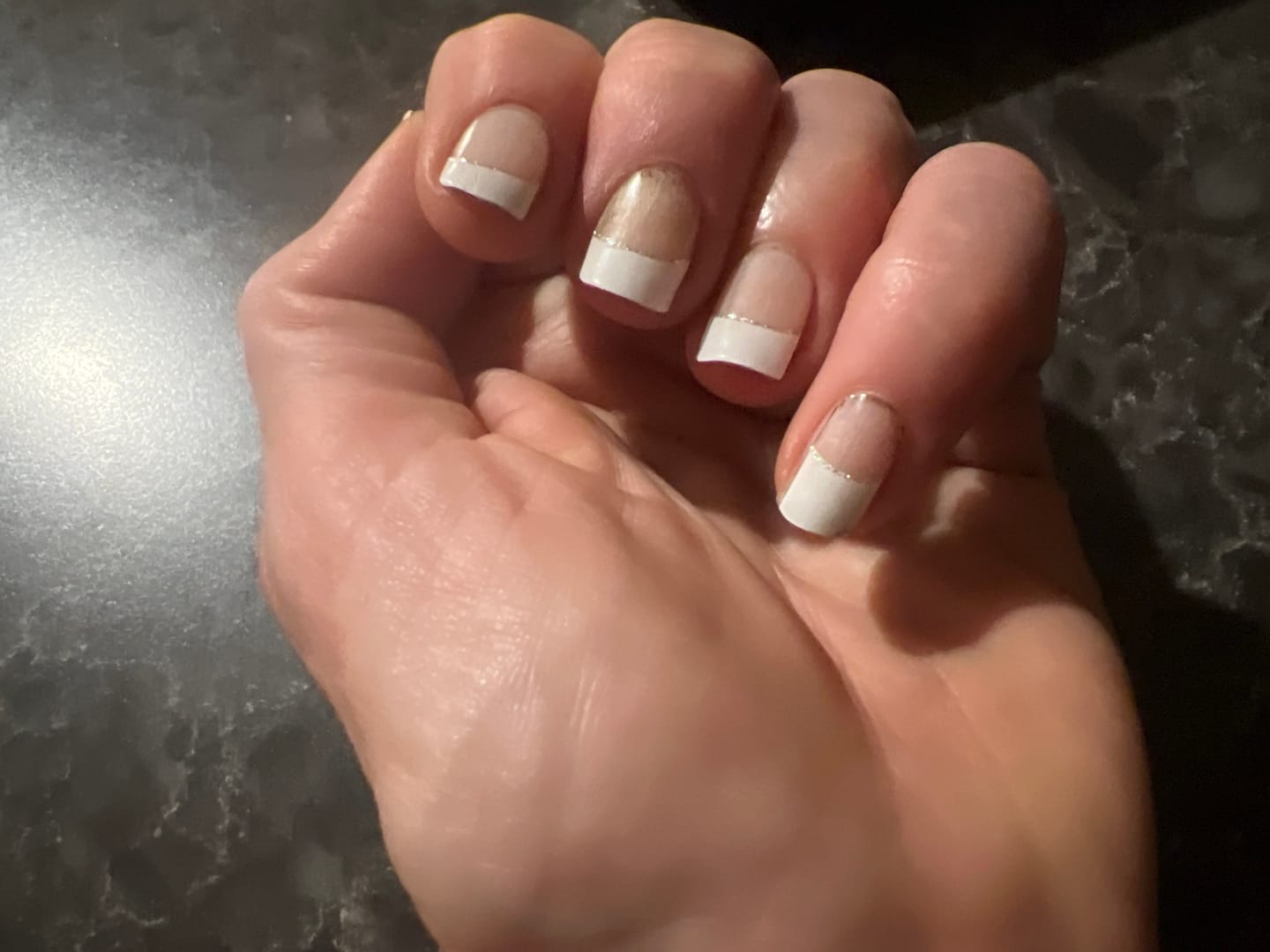 Customer photo review of White French Tip Glitter DIY Semicured Gel Nail Sticker Kit
