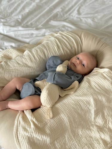 Customer photo review of ClimaCuddle Baby Bodysuit Long Sleeve - Merino Wool & Rayon Bamboo - Misty Blue