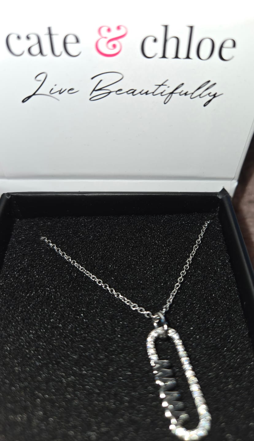 Customer photo review of Elaine 18k White Gold Plated Mama Pendant Necklace with Simulated Diamond Crystals