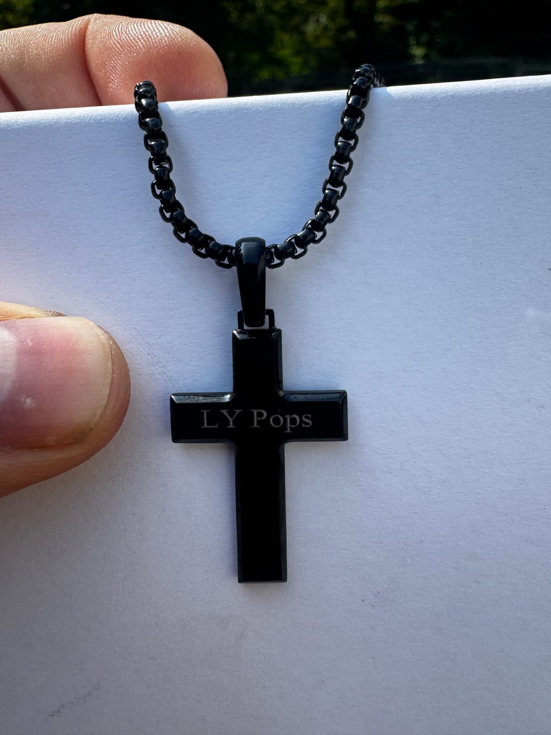Customer photo review of Beveled Edge Cross Pendant