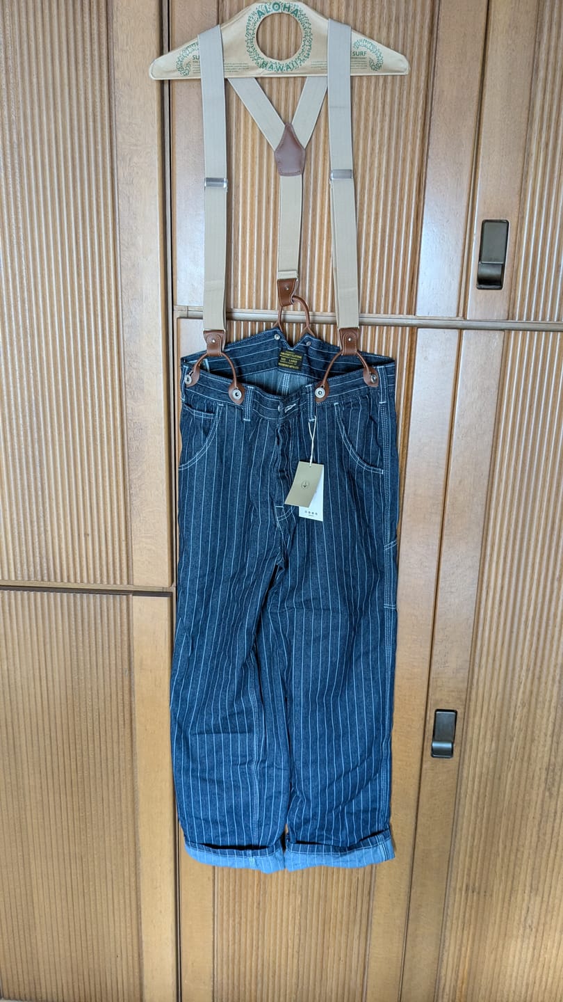 Customer photo review of サスペンダー付きストライプワークパンツ
