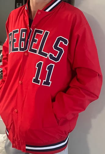 Customer photo review of Custom Red Navy-White Letterman Solider Classic Style Varsity Full-Snap Jacket