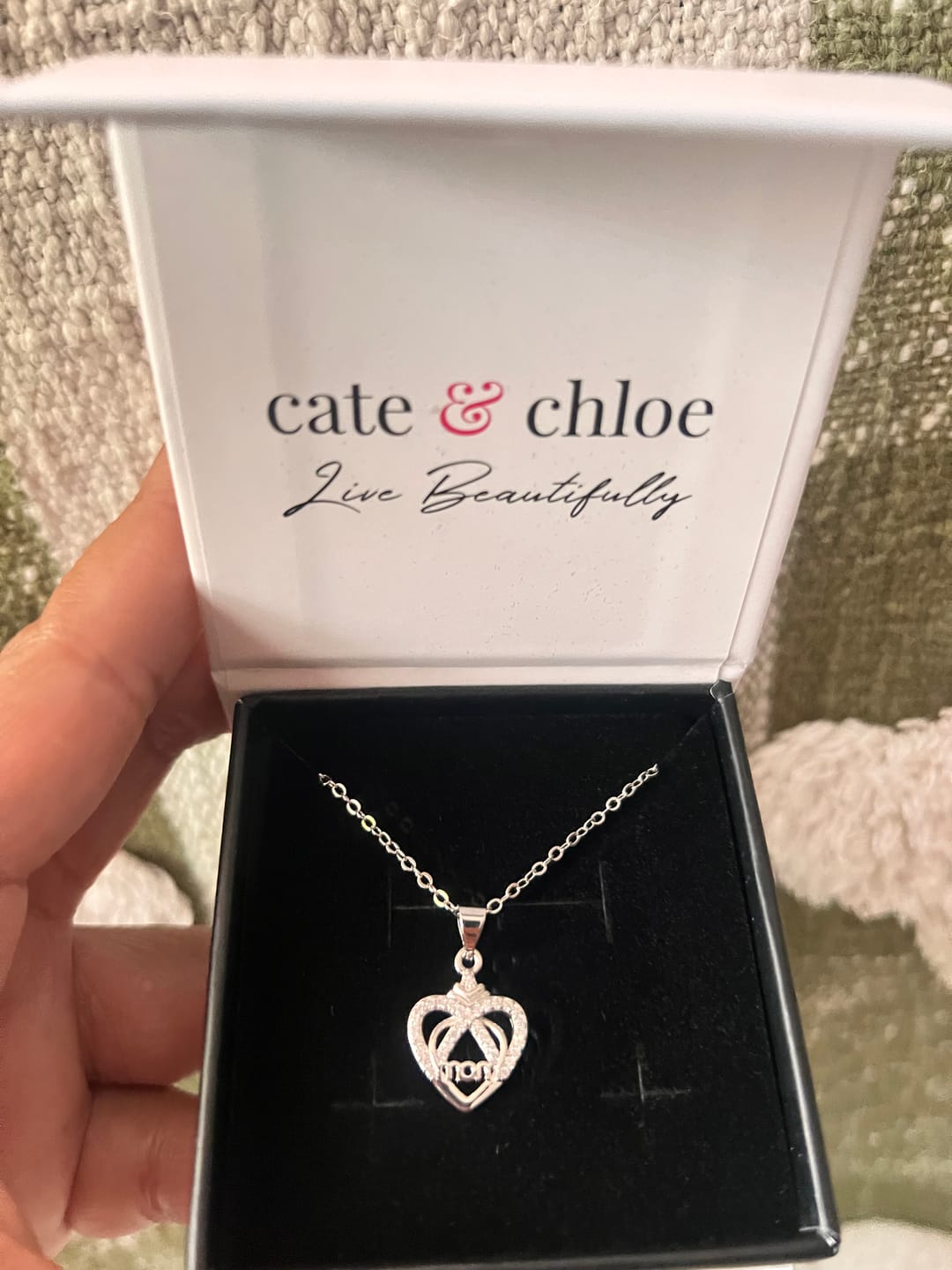 Customer photo review of Jenna 18k White Gold Plated Mom Heart Necklace with Simulated Diamond Crystals