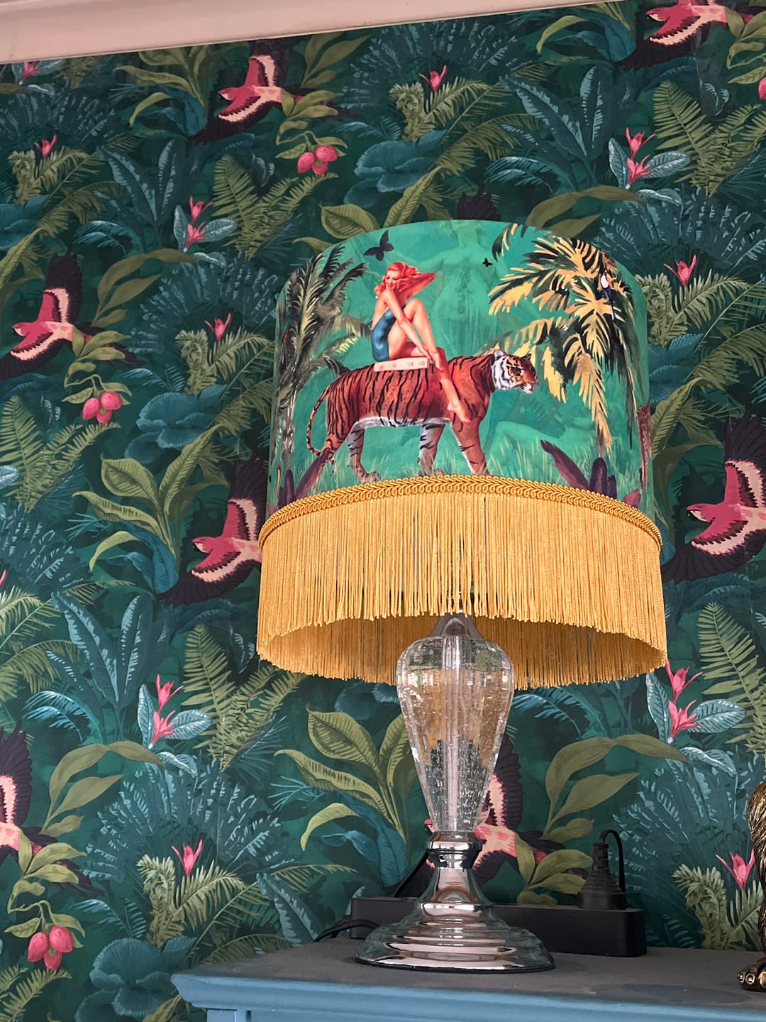 Customer photo review of Queen K Jungle Walk Green Tassel Fringed Drum Lampshade