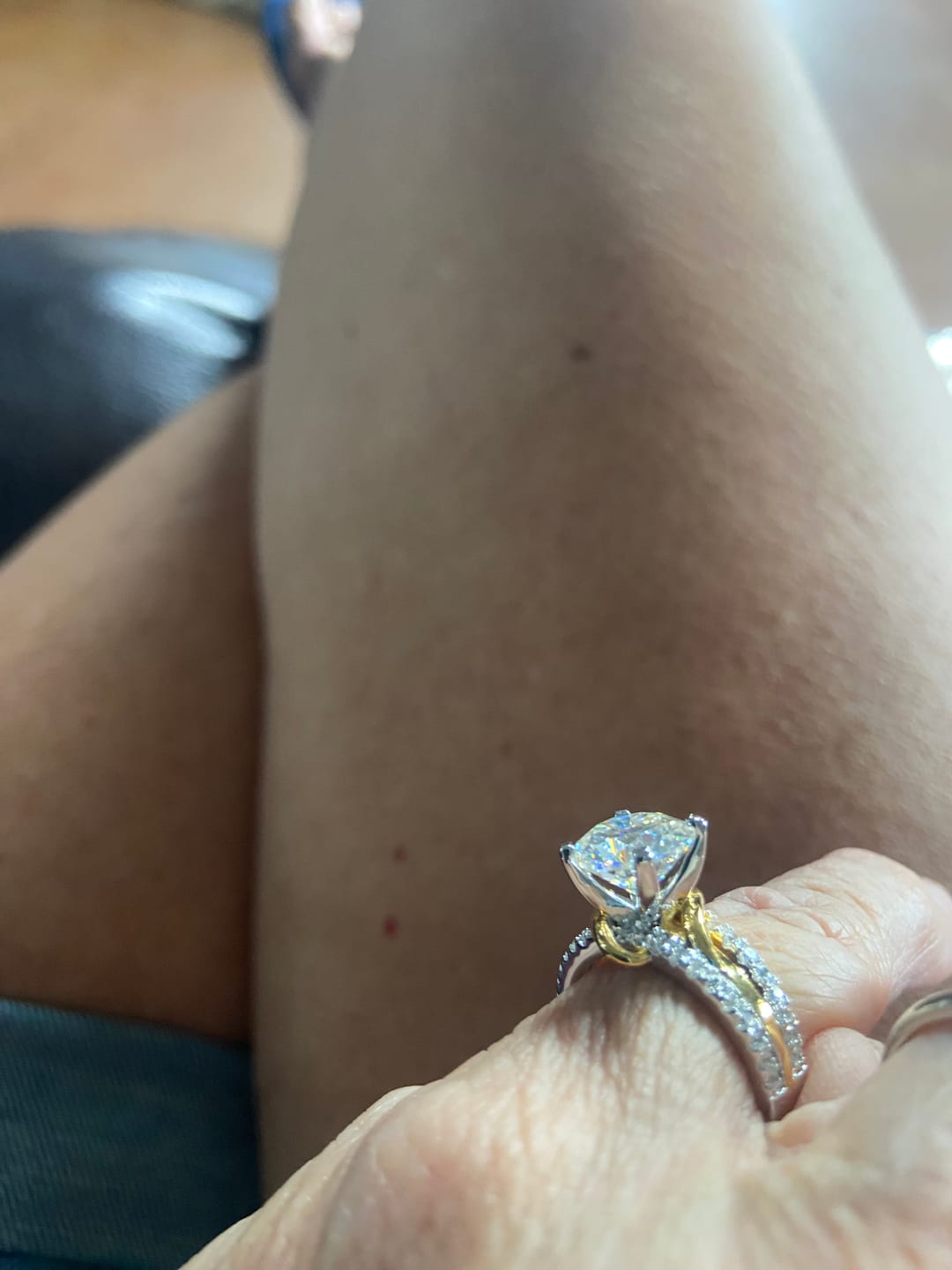 Customer photo review of Round Moissanite Two Tone Vine Split Shank Pave Engagement Ring