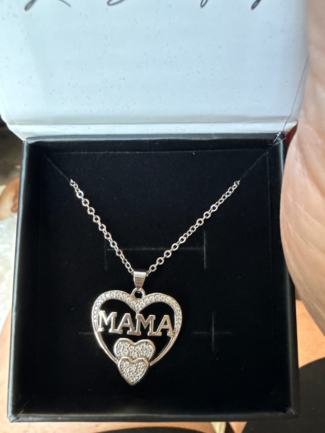 Customer photo review of Selena 18k White Gold Plated Mama Heart Pendant Necklace with Simulated Diamond Crystals