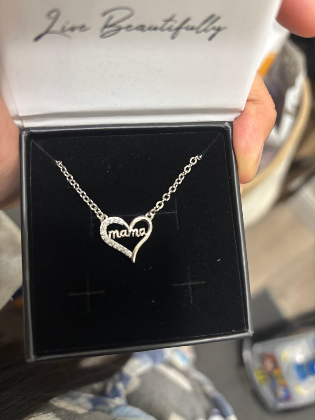 Customer photo review of Louise 18k White Gold Plated Mama Heart Necklace with Simulated Diamond Crystals