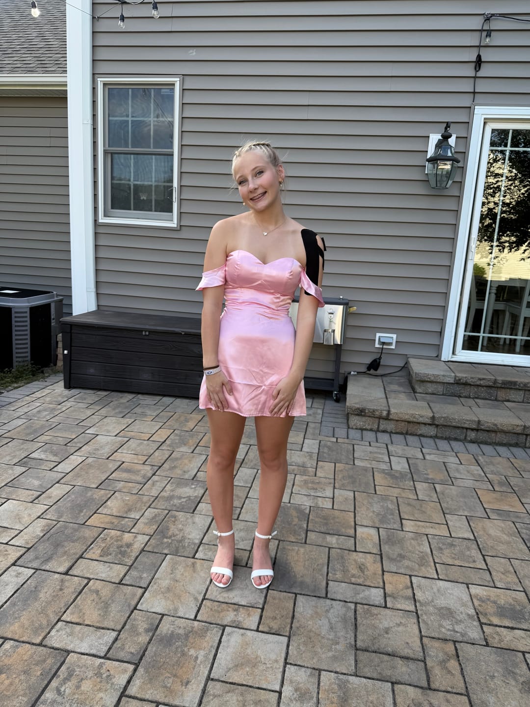 Customer photo review of Ruffled Straps Pink A-line Short Dress with Slit