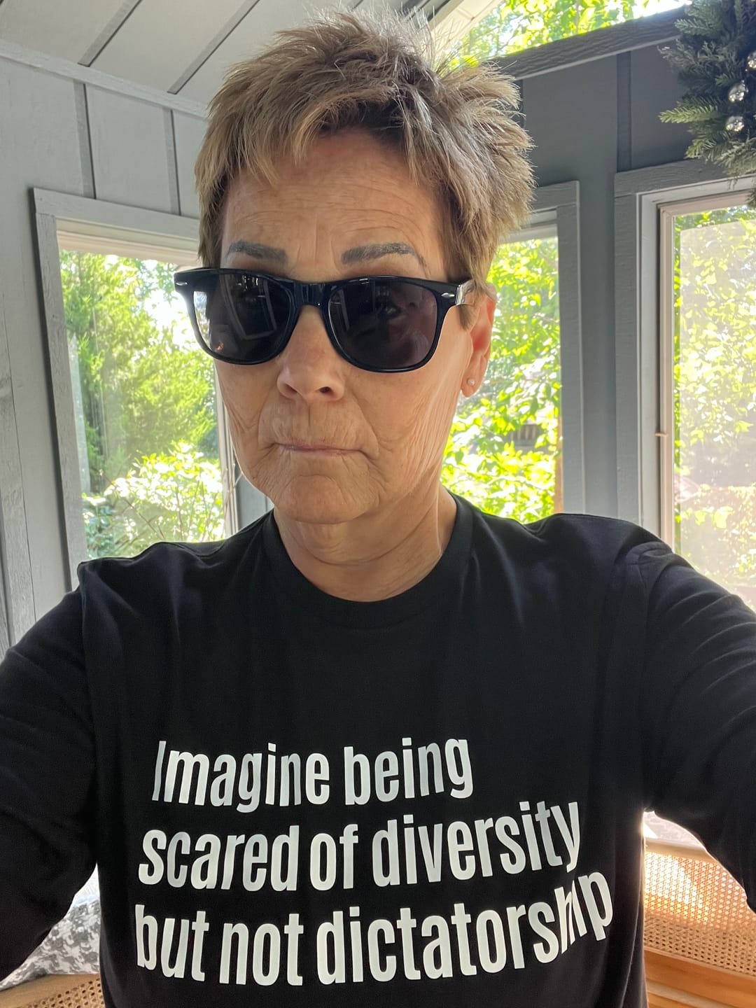 Customer photo review of Imagine Being Scared of Diversity But Not Dictatorship Long Sleeved Unisex Tee