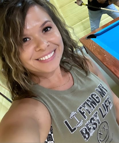 Customer photo review of Ladies "LIFTING MY BEST LIFE" Flowy Crop Tank