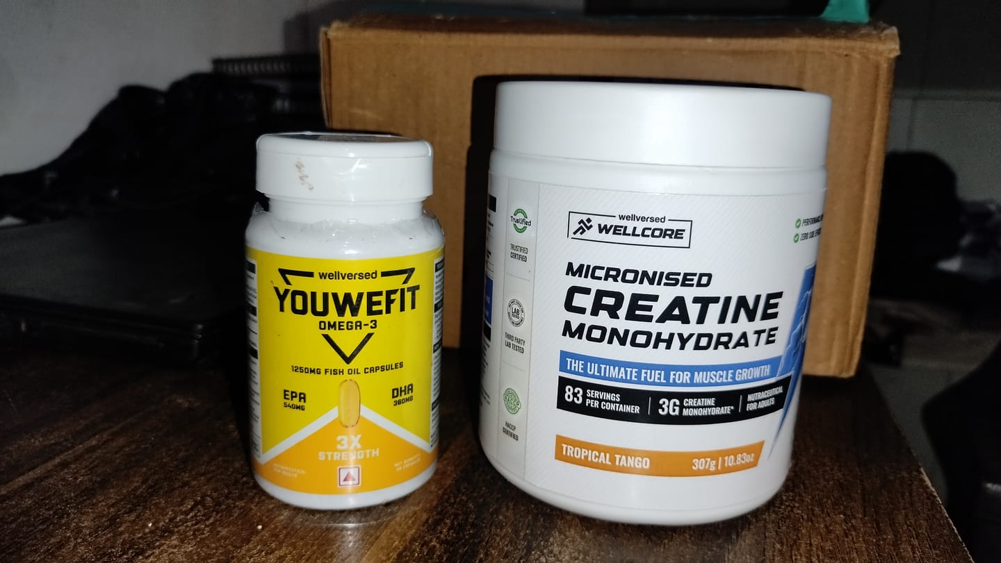 Customer photo review of Wellcore Creatine Monohydrate (Tropical Tango, 83 Servings) + YouWeFit Omega-3 Triple Strength Fish Oil (1250mg, 30 Capsules)