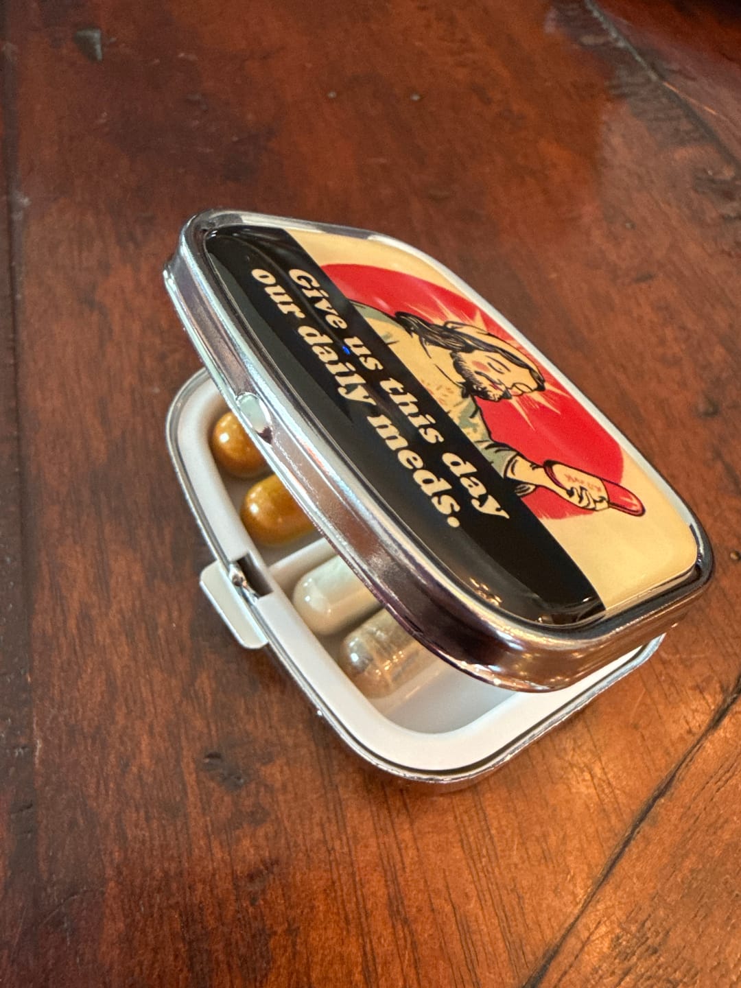 Customer photo review of Give Us This Day Our Daily Meds Metal Pill Tin