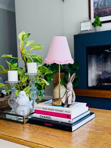 Customer photo review of Blush Gingham Scallop Ruffle Lamp Shade & Gold Base - USB Table Lamp