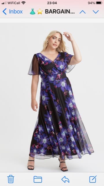Customer photo review of Isabelle Black Purple Print Float Sleeve Maxi Dress