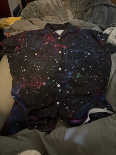Customer photo review of Clearance Ready-to-Ship Beautiful Nebula Outer Space Curvy Button Up Shirt